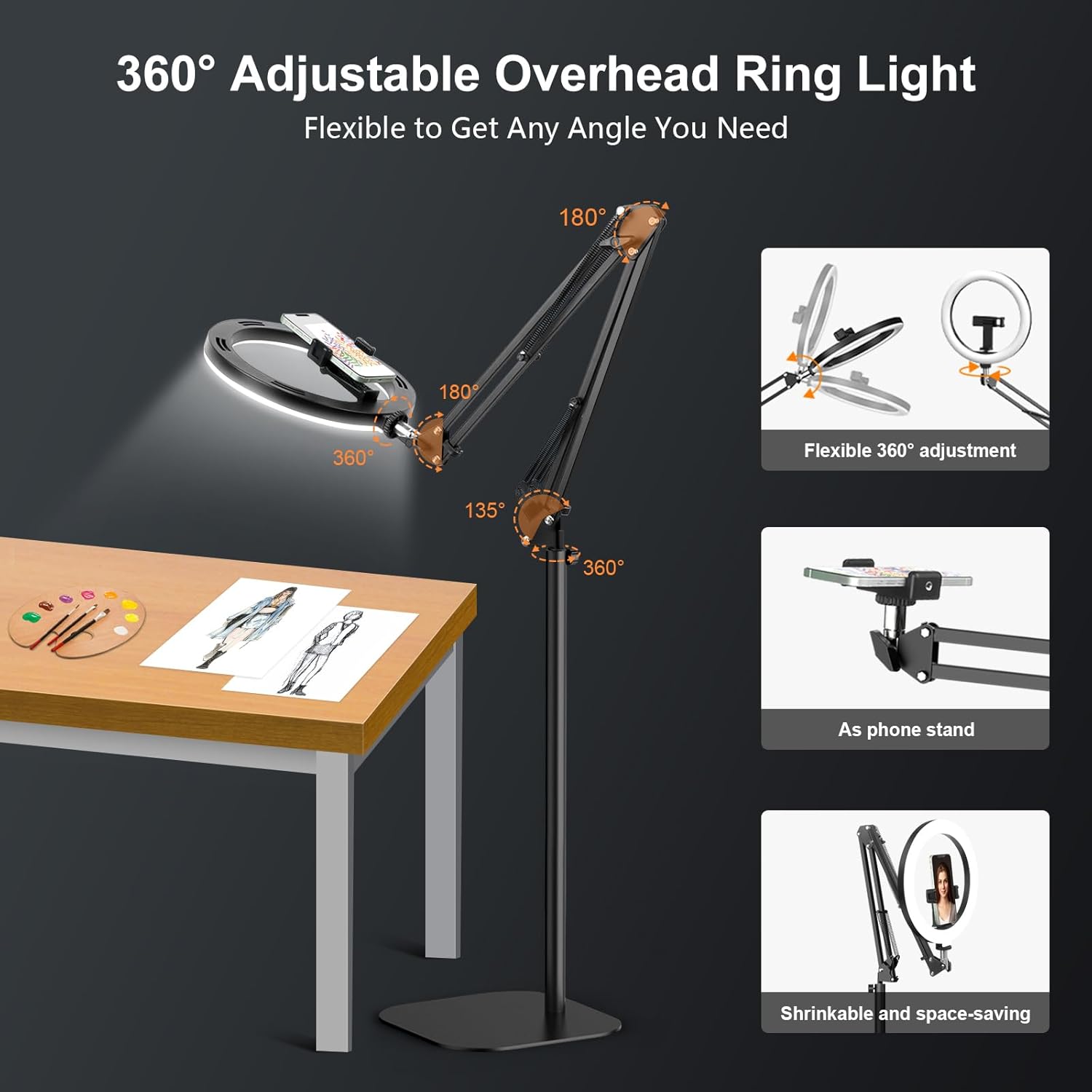 Detalle de Evershop Ring Light with Stand & Phone Holder Overhead — 10.5" LED Halo Light with 360° Rotating Tripod
