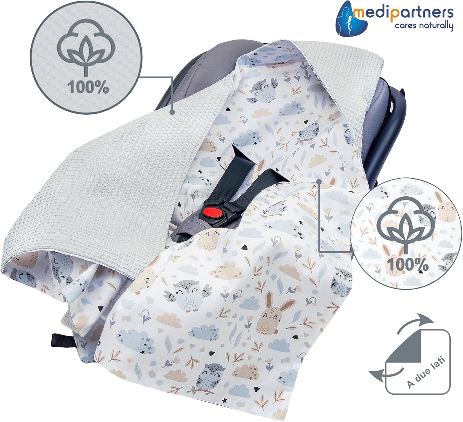 Thumbnail 3 de Medi Partners Coperta neonato ovetto Sacco per Passeggino 85x85 cm in 100% Cotone, fodera protettiva e cappuccio — Waffle Grigia