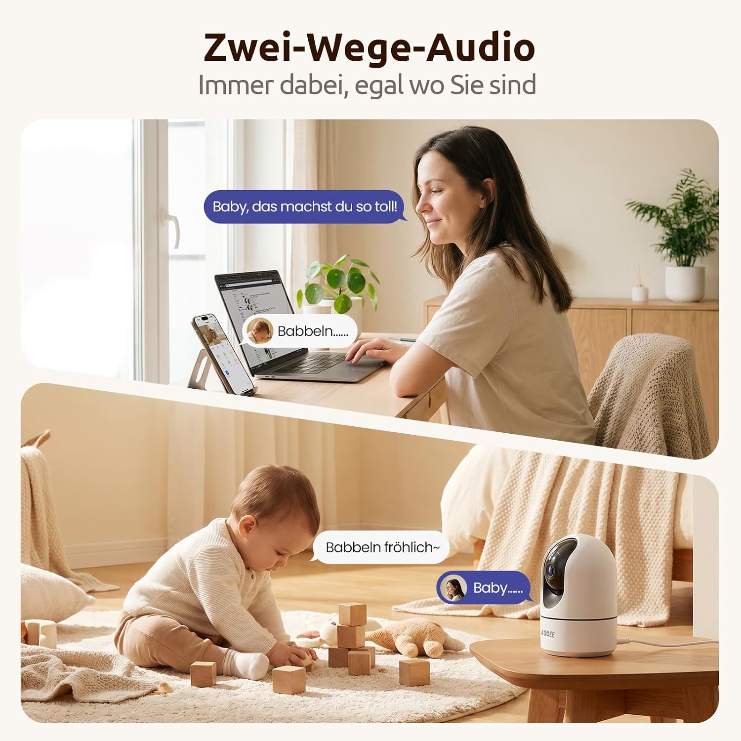 Thumbnail 6 de AOQEE 2K Überwachungskamera Innen (2er Set) – Babyphone mit Kamera, PTZ, Zwei-Wege-Audio, Bewegungserkennung und Nachtsicht