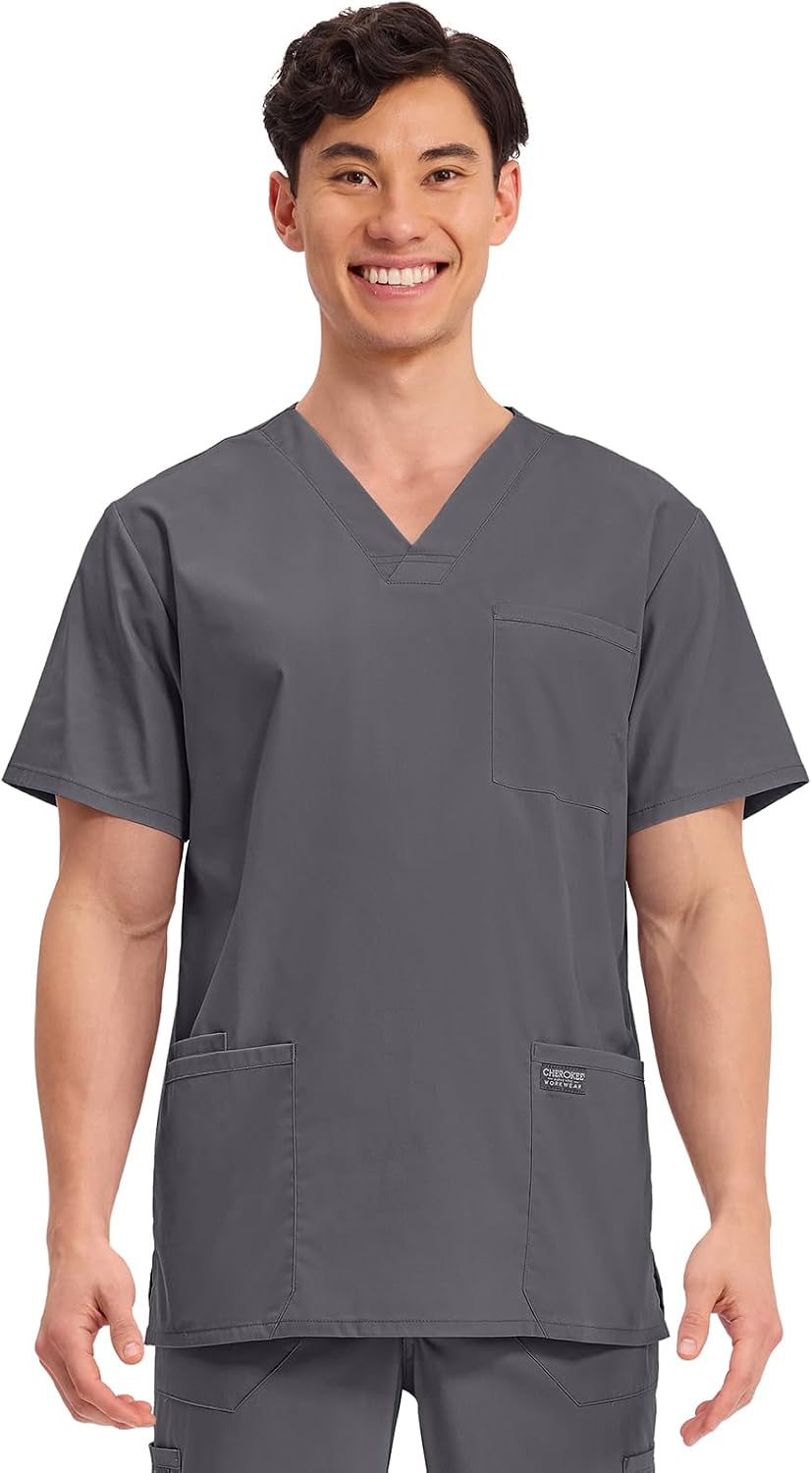 Detalle de Cherokee WW Professionals Men's V-Neck Scrub Top with Four Pockets