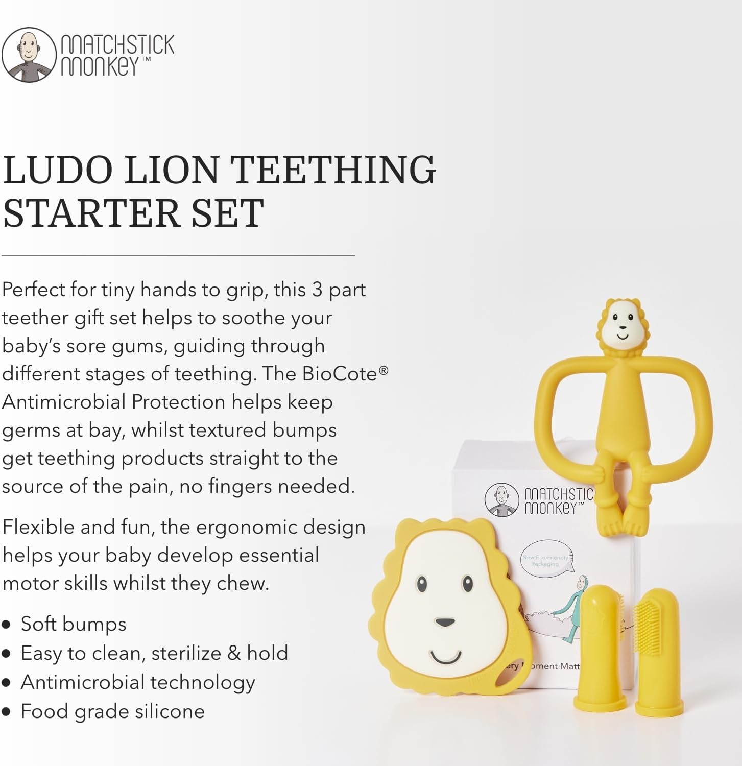 Detalle 2 de Matchstick Monkey Antimicrobial Teething Starter Set (Ludo Lion) – teethers and silicone finger toothbrushes for 3+ months