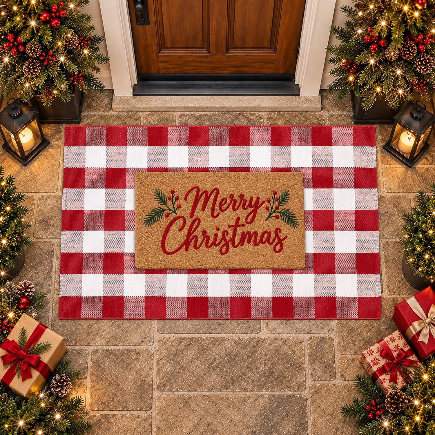 Detalle 1 de Homydecor 3' x 5' Christmas Plaid Door Mat, Reversible Cotton-Poly Flatweave