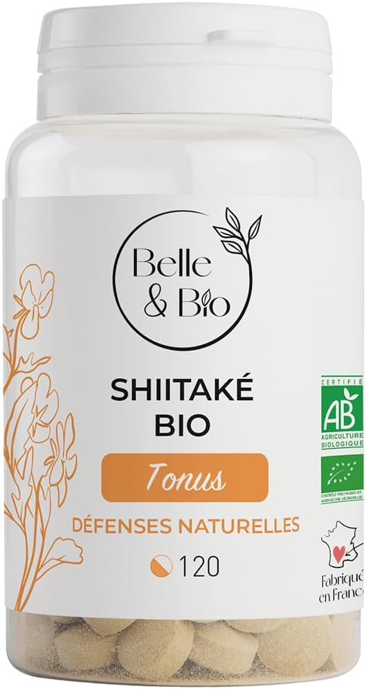 Detalle de DEFENSES NATURELLES & BOOST IMMUNITE – Extrait de Shiitake Bio 62,5 mg par comprimé, 120 comprimés, fabriqué en France