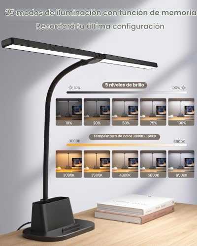 Detalle de Ylatoial Flexo Escritorio de Doble Cabezal, 25 Modos – Iluminación amplia y ajustable para tu escritorio