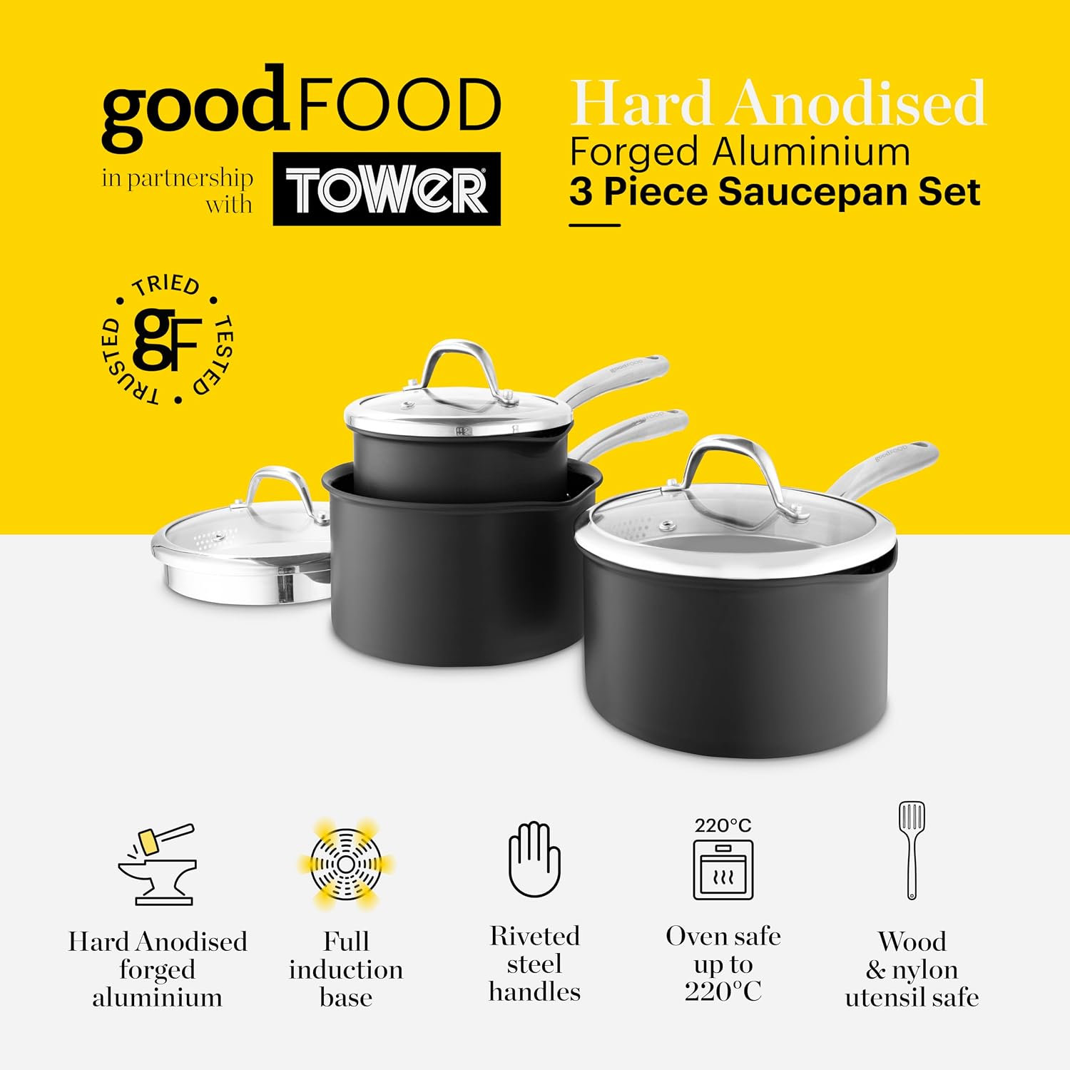 Detalle 2 de Good Food in Partnership with Tower Hard Anodised 3 Piece Saucepan Set (16cm, 18cm & 20cm) with Tempered Glass Lids