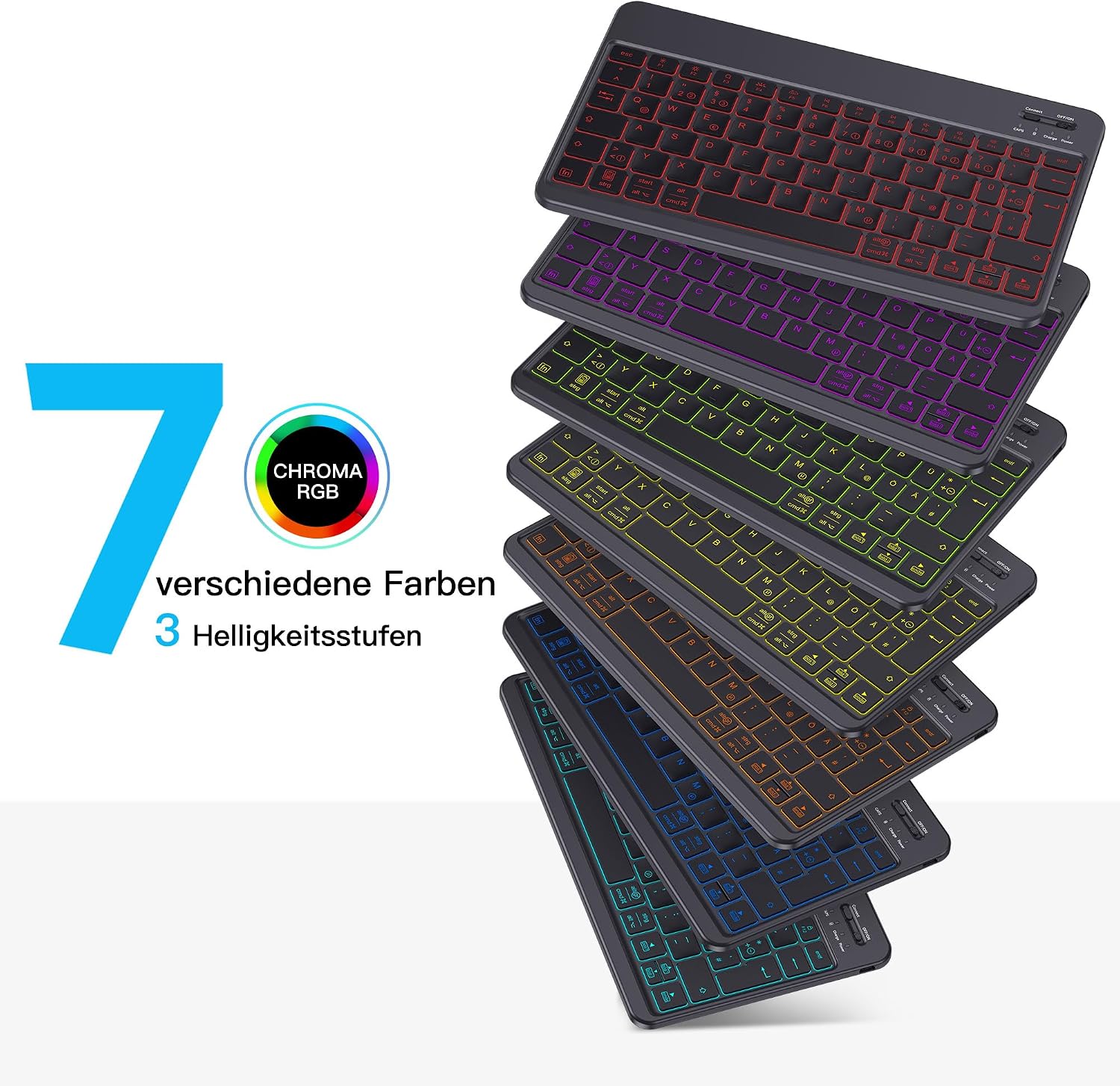 Detalle 2 de Emetok deutsche Bluetooth Tastatur – kabellos, wiederaufladbar, 7-farbige Hintergrundbeleuchtung, schwarz