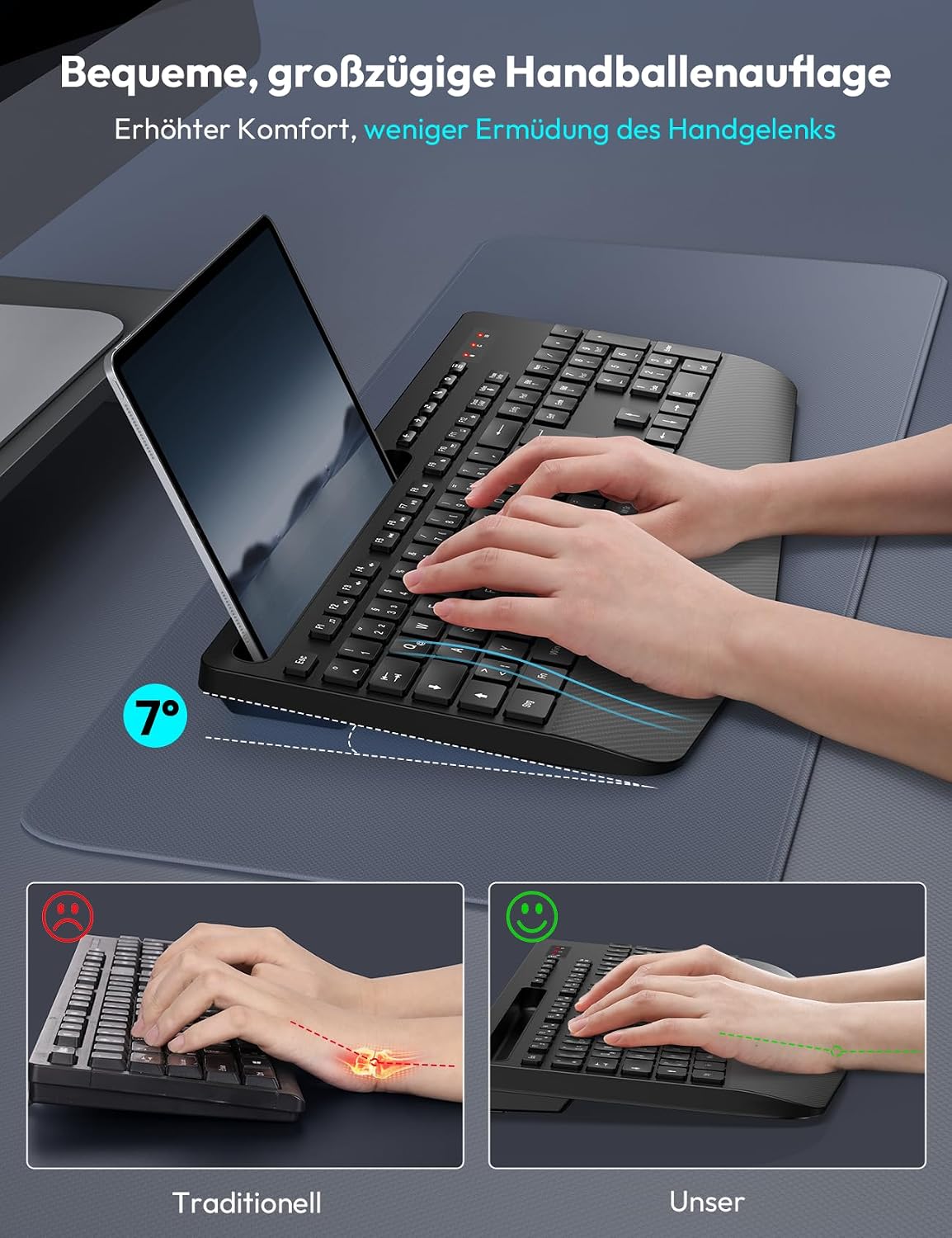 Detalle 2 de SABLUTE Kabellose Tastatur KN213 (Full-Size) mit Handballenauflage und Telefonhalter