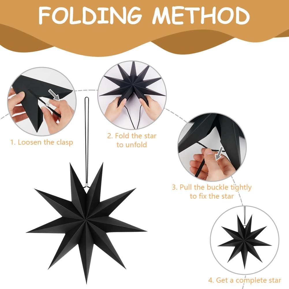Detalle de Vicloon 9 Pointed Paper Star Lanterns, 30cm 3D, pack of 5, black