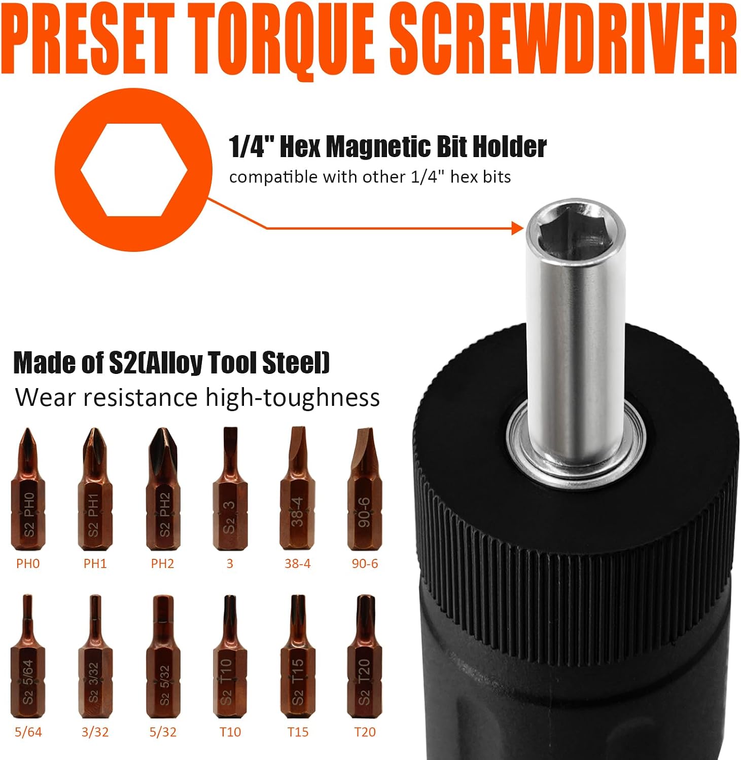 Detalle de coobeast 1/4-Inch Preset Torque Screwdriver Set, 10–70 in-lb, 12 S2 Bits
