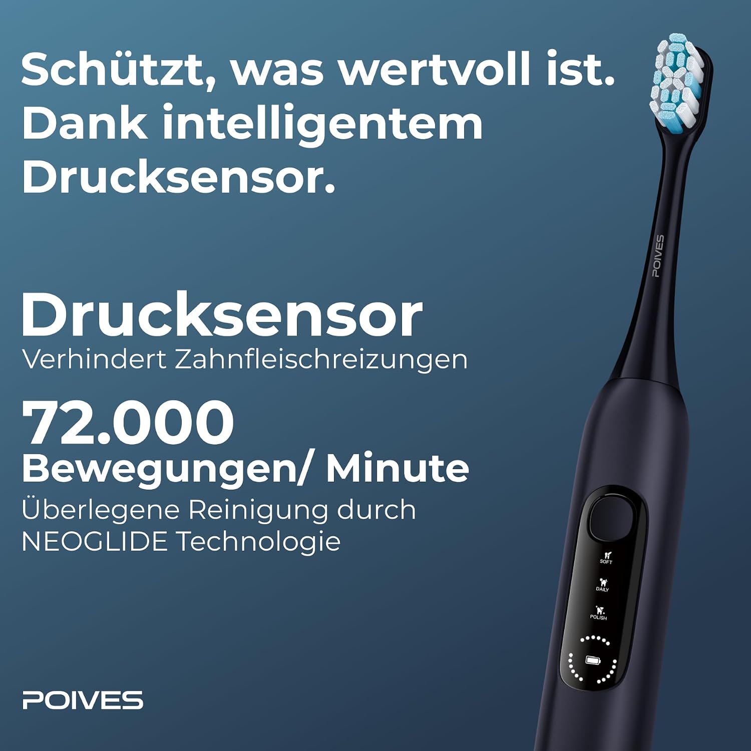 Thumbnail 2 de POIVES P1 Pro — Brosse à dents électrique sonic avec capteur de pression, autonomie 60 jours, Midnight Blue