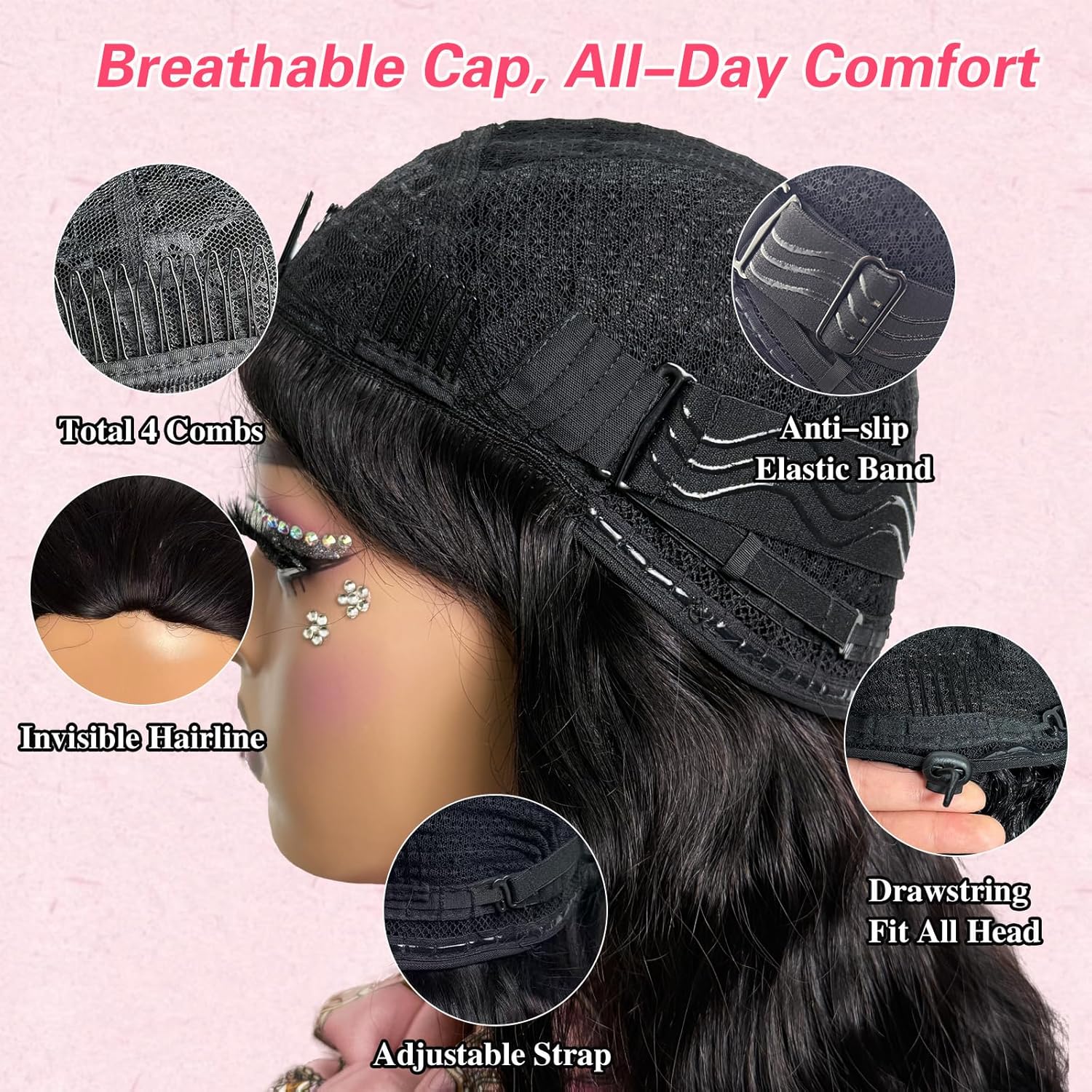 Thumbnail 2 de olimaruly 18-inch 100% Virgin Human Hair Body Wave Half Wig (Natural Black) – Drawstring, Glueless Wear & Go