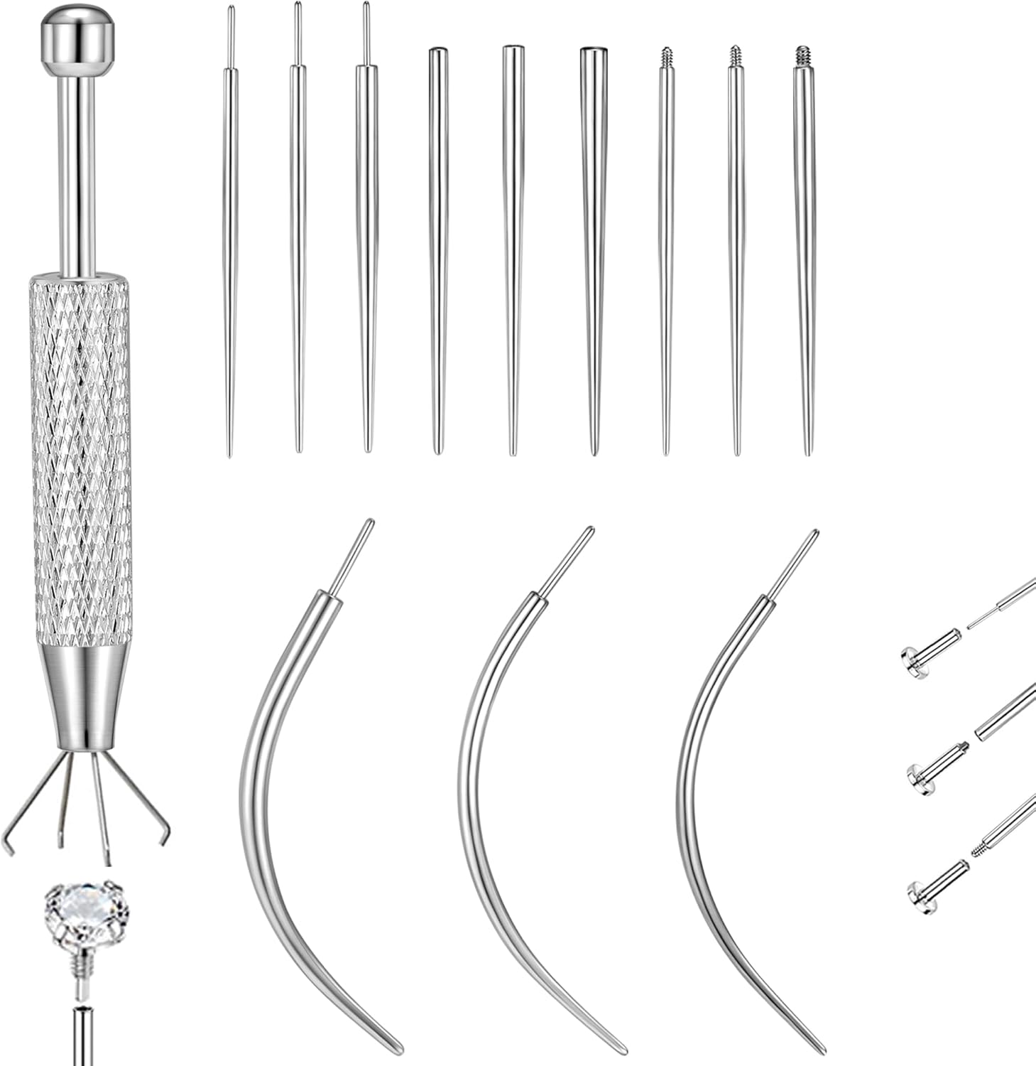 Kit de piercing MACACHII (14G, 16G, 18G) : pince, aiguilles coniques et outil ouvre-boule