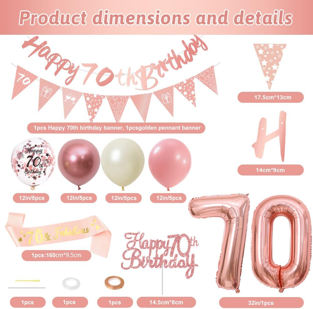 Thumbnail 1 de 70th Birthday Decorations Retro Pink & Rose Gold Set (Double Digits) for Women & Girls