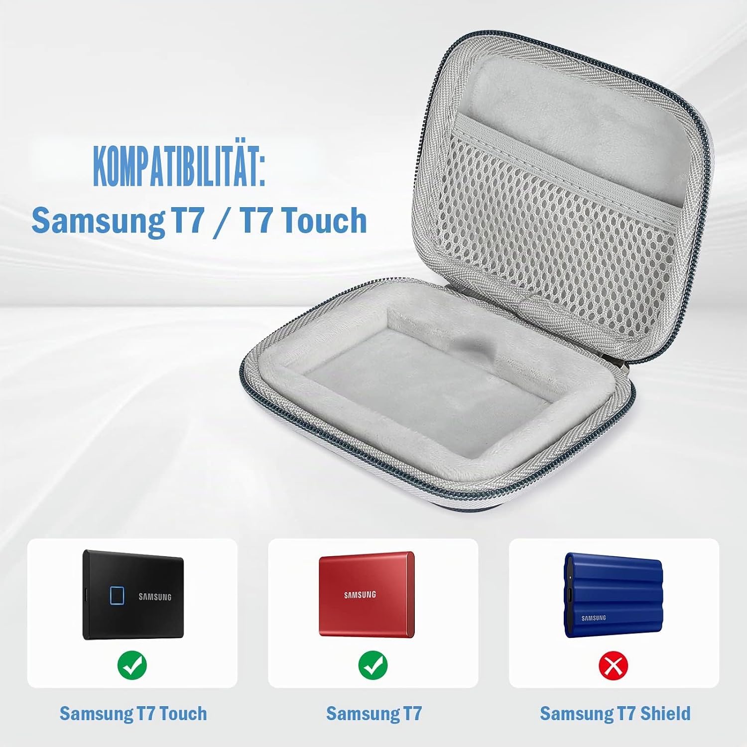 Detalle 2 de ProCase Stoßfeste Festplatten-Tasche für Samsung T7 / T7 Touch Portable SSD – Hartschale mit Organizer, Navy
