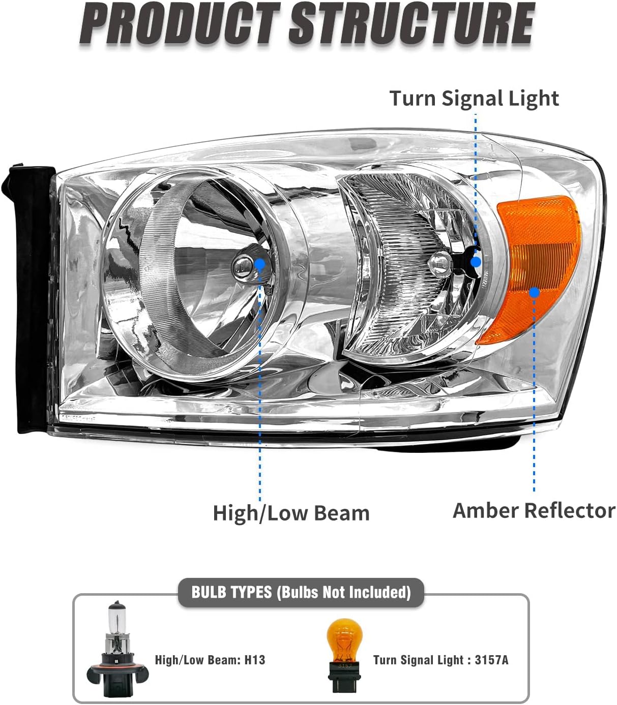 Thumbnail 4 de ADCARLIGHTS Headlight Assembly Pair for 2006–2008 Dodge Ram 1500 and 2006–2009 Ram 2500/3500 (Clear Lens, Chrome Housing, Amber Reflector) — W/O Bulbs
