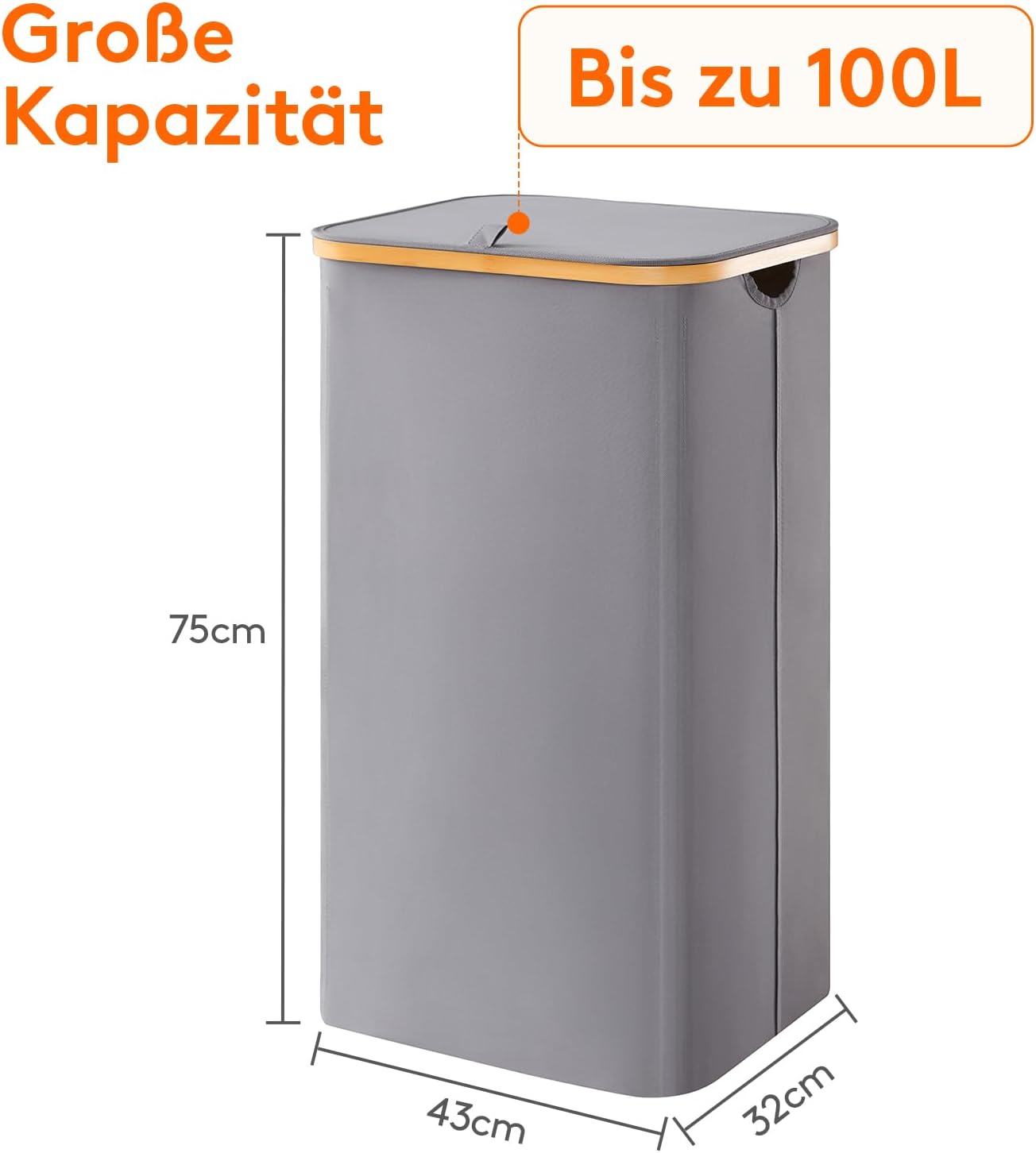 Detalle 2 de Lifewit 100L Wäschekorb mit Deckel und abnehmbarem Wäschesack (Bambusgriffe), grau