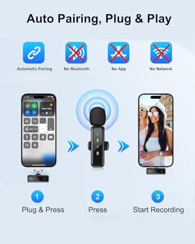 Thumbnail 5 de AUJQMYCA Wireless Lavalier Microphone (2-Pack) for iPhone 15/16 – USB-C Mini Mic with Noise Cancellation and LED Display