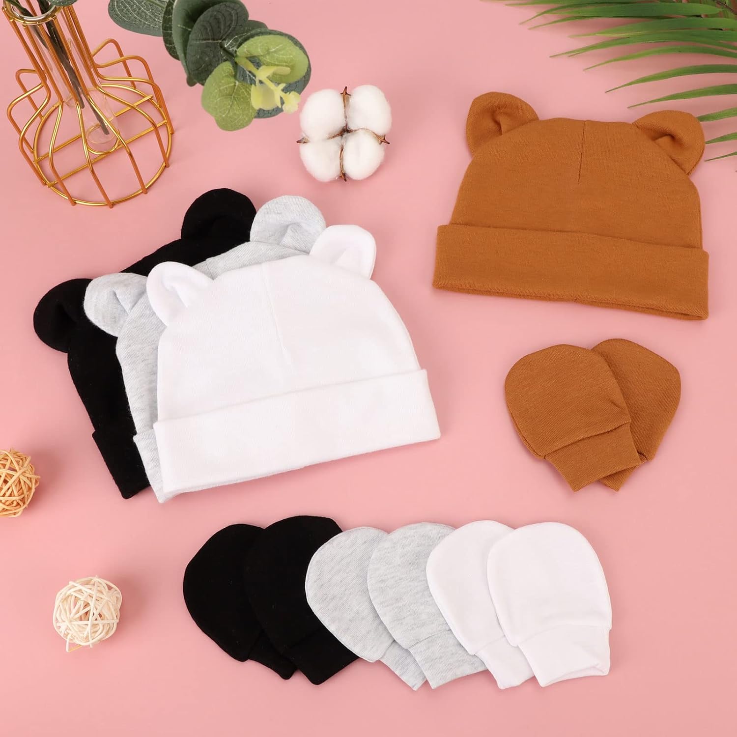 Detalle de DRESHOW Newborn Bear-Ear Hat and Mittens set 👶