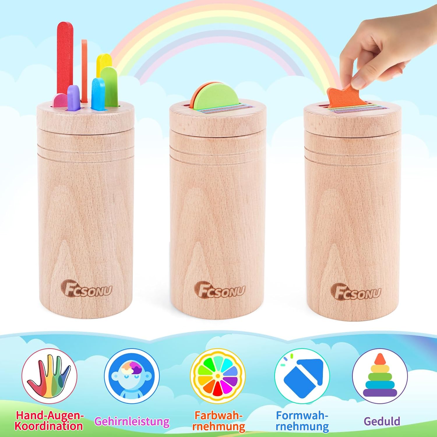 Detalle 2 de FCSONU Montessori Steckspiel aus Holz (3-in-1) ab 1 Jahr, Sortierspiel mit Formen und Farben