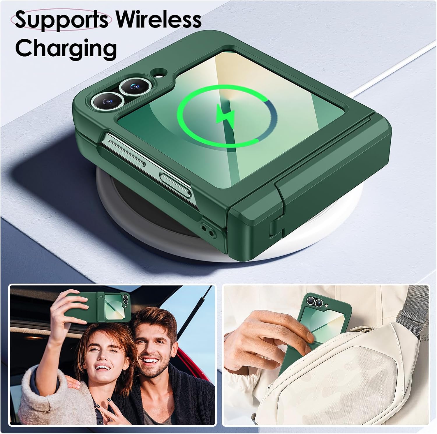 Detalle de HWeggo Case for Galaxy Z Flip 7 FE / Z Flip 6 – Hinge Protection, Hidden Kickstand & Built-in Screen Protector (Green)