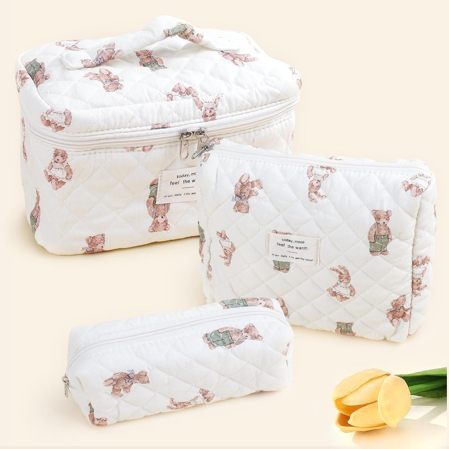 Thumbnail 6 de 3-Piece Quilted Floral Makeup Bag Set – Large, Medium and Small Cotton Cosmetic Pouches