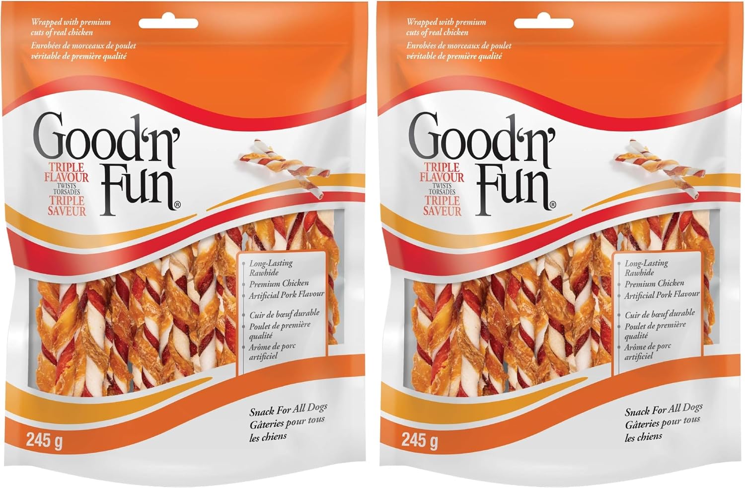 Detalle 2 de Good 'N' Fun Triple Flavor Twist Sticks Dog Chews, 245 g, Chicken-Wrapped Rawhide