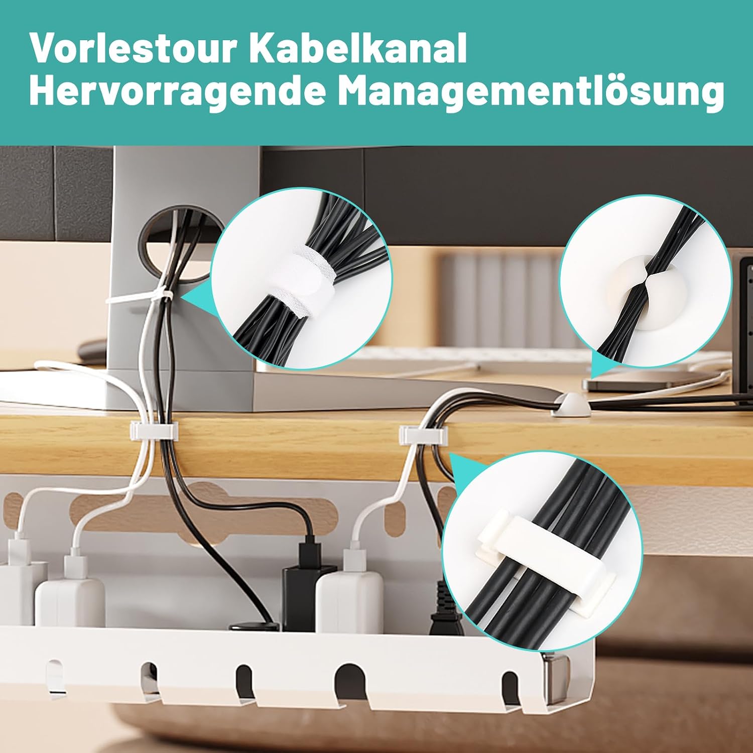 Thumbnail 6 de Kabelkanal für den Schreibtisch (ohne Bohren), 2er-Set in Weiß – Kabelmanagement zum Verlegen und Verdecken von Kabeln