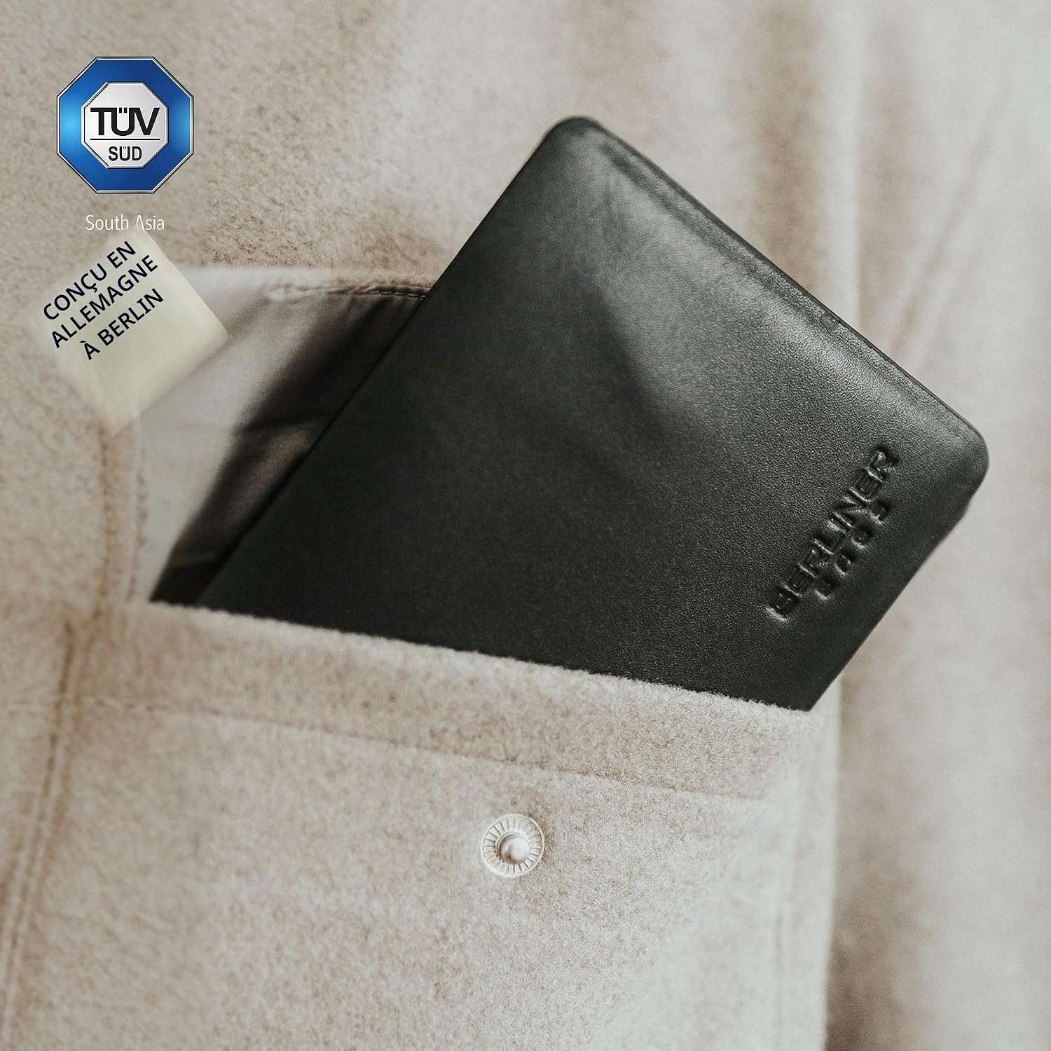 Detalle de Berliner Bags Parker Portefeuille compact en cuir pleine fleur – RFID + boîte cadeau – Noir