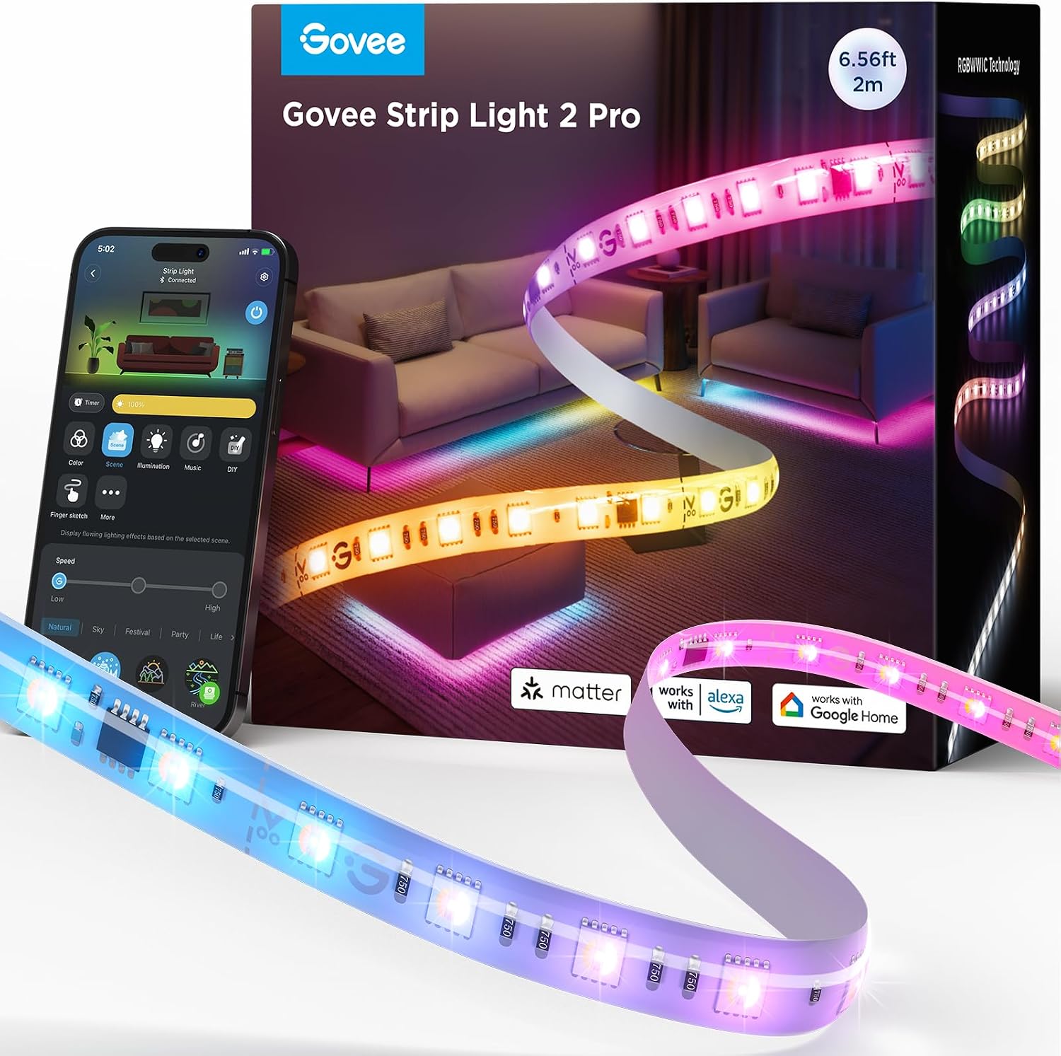 Detalle de Govee Strip Light 2 Pro H61F2 RGBWWIC LED Strip, 6.56 ft, Wi-Fi