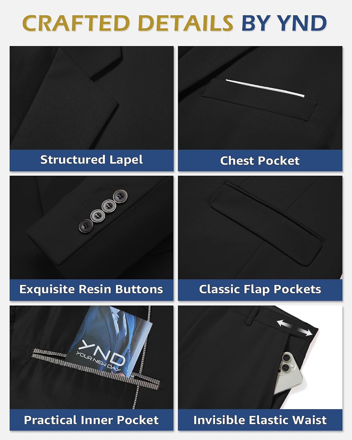 Detalle de YND 3 Piece Slim Fit Suit 29 Colors