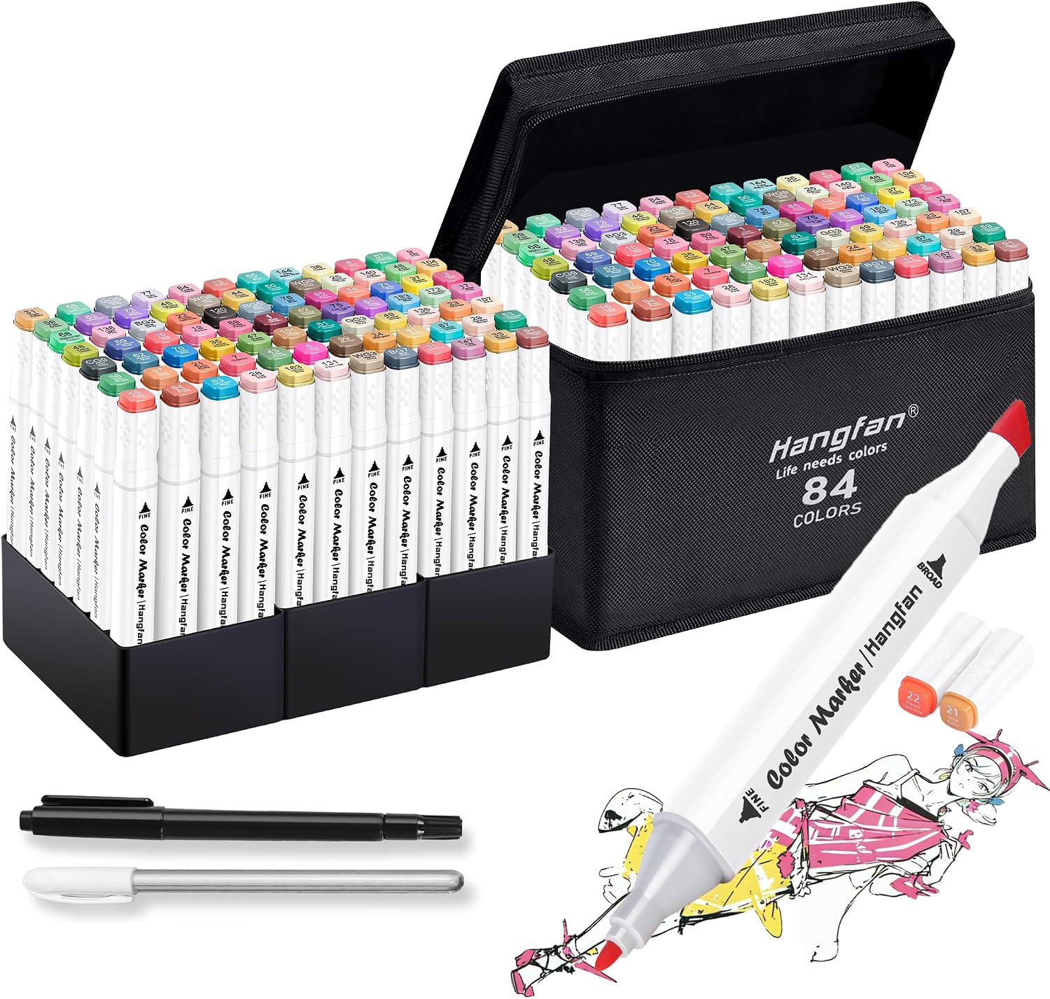 Detalle de hangfan Alcohol Based Ink Art Markers Set (84 colours) with dual tip broad & fine