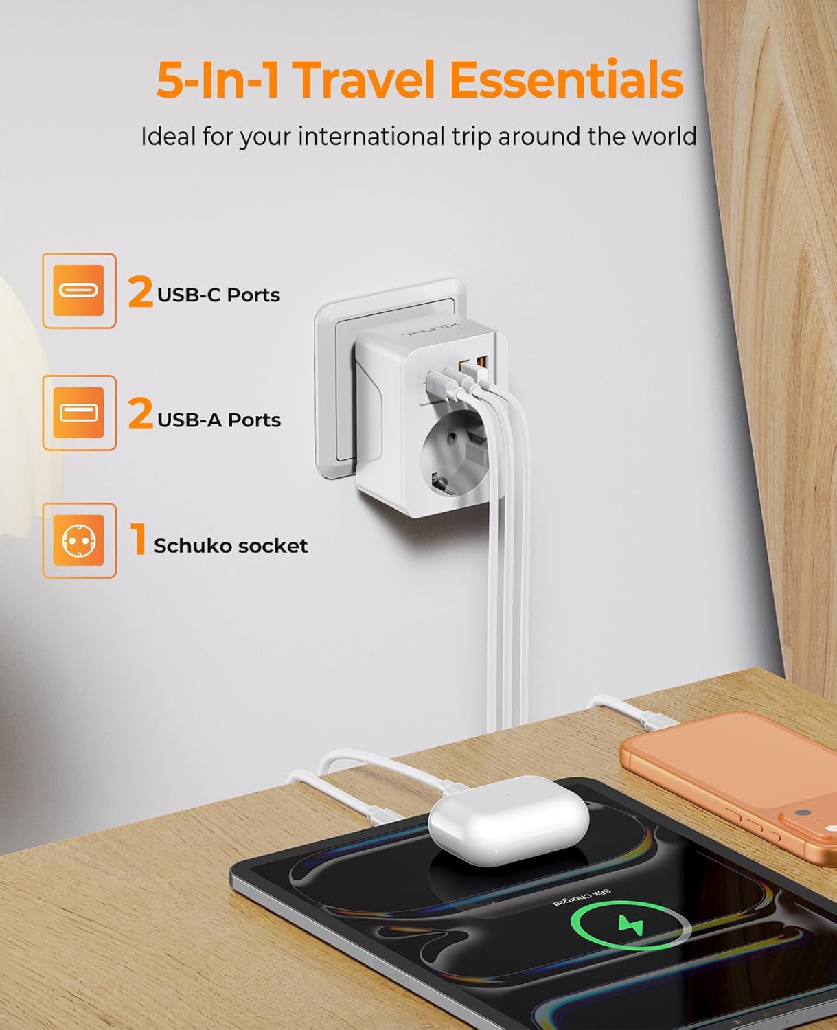 Thumbnail 6 de THUNIX adaptateur de voyage universel avec USB‑C PD 20W et 6 fiches détachables (UK/AUS/USA/Afrique du Sud/Japon/Europe) – Blanc