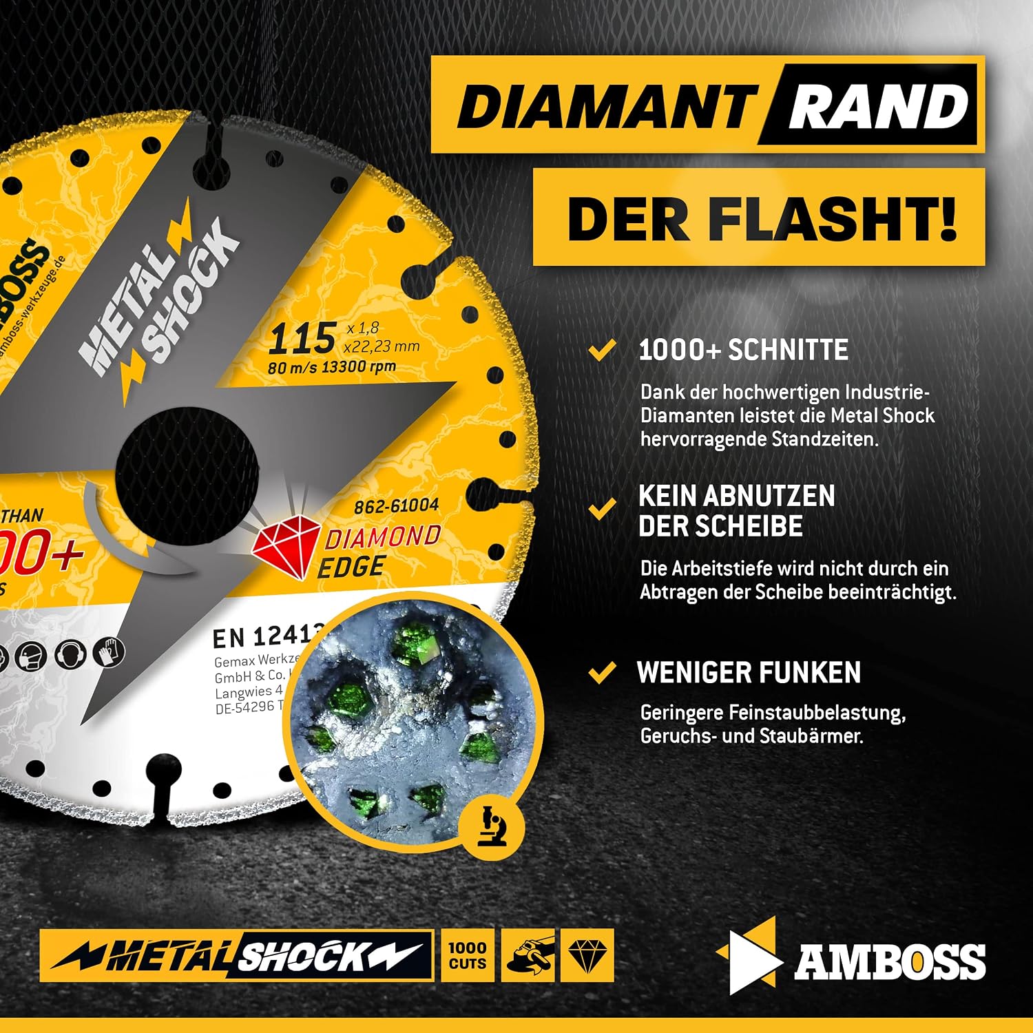 Detalle de Amboss Diamant Trennscheibe Metal Shock 115 x 1,8 x 22,23 mm – für Metall, Stahl und Inox