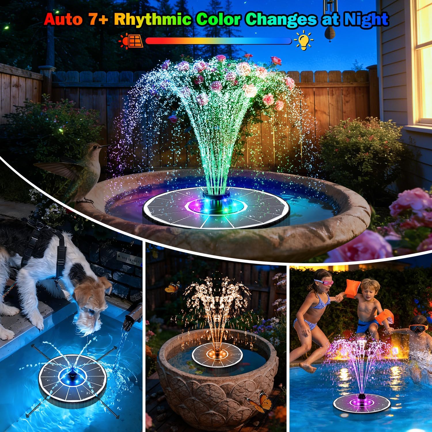 Thumbnail 1 de SZMP Solar Fountain Colorful LED with 3-Level Height Adjustment and 7 Nozzles