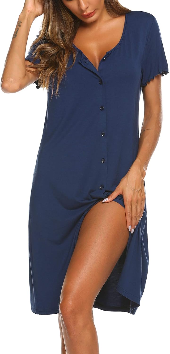 Detalle de Ekouaer Women's Button-Down Nightshirt, Short-Sleeve V-Neck Sleep Dress