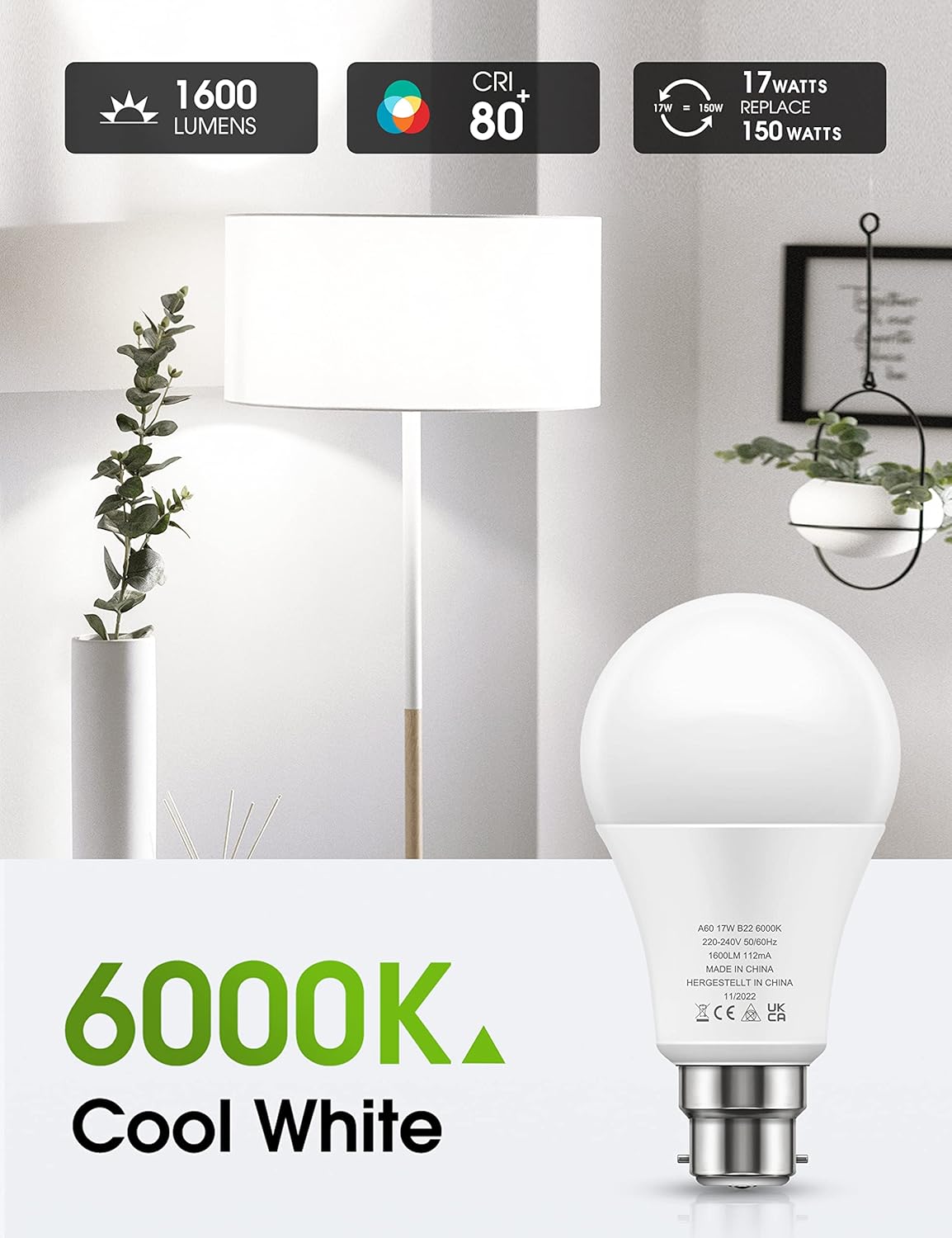 Thumbnail 1 de LOHAS B22 LED Bulbs (17W, 6000K, 1600Lm) Cool White – 4 Pack, non-dimmable bayonet replacement