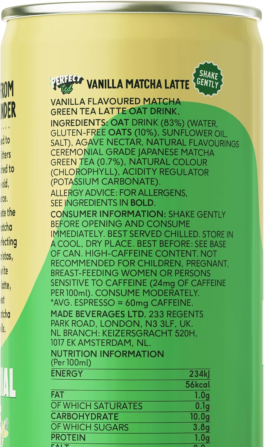 Detalle de PerfectTed Vanilla Matcha Latte RTD – Ceremonial Grade Matcha, 24 x 250ml, Dairy-Free & Gluten-Free