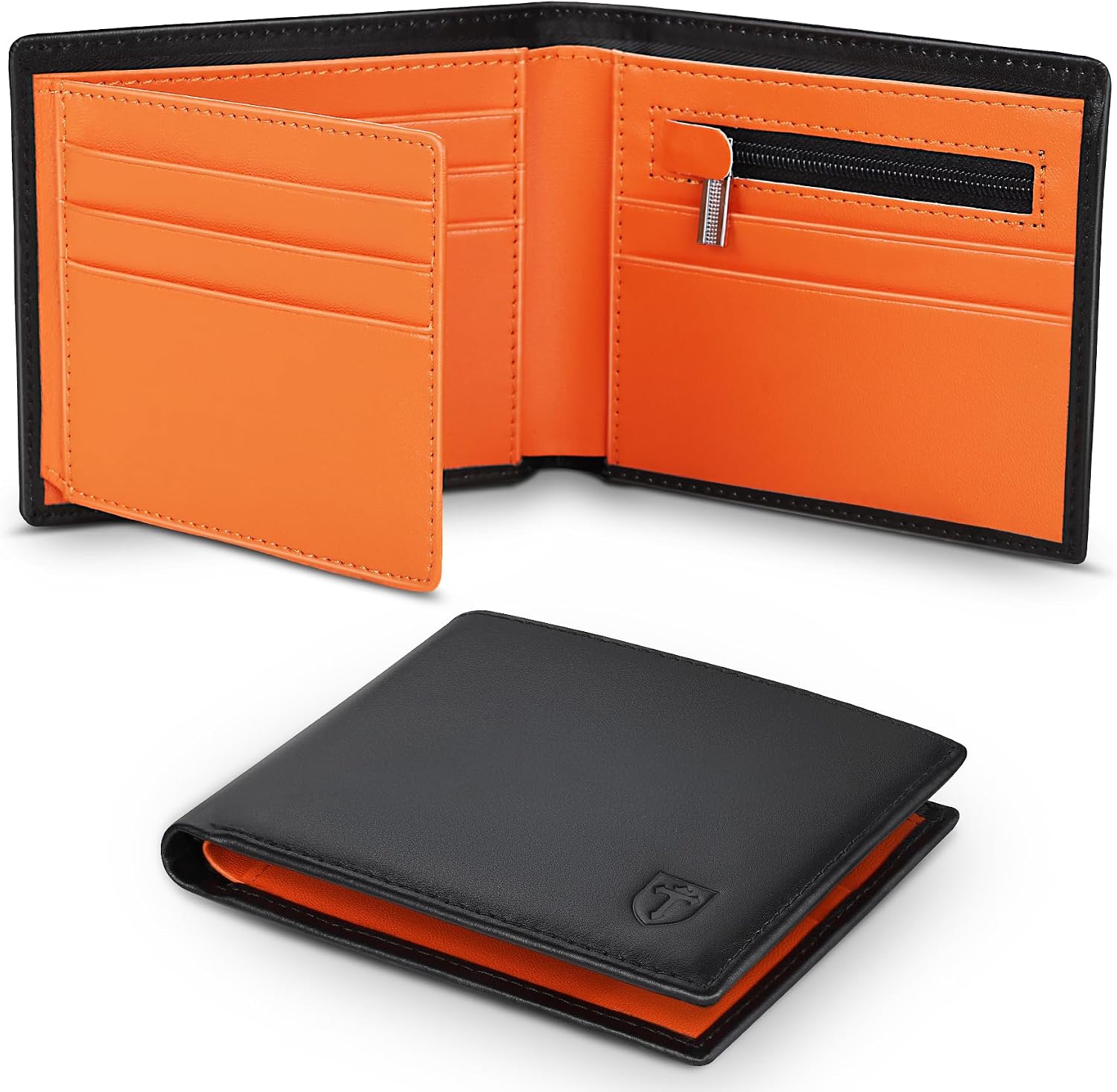 TEEHON RFID Blocking Wallet – Slim Genuine Leather Wallet for Men UK, 11 Card Slots, 2 Note Compartments & Coin Pocket (Black & Orange)