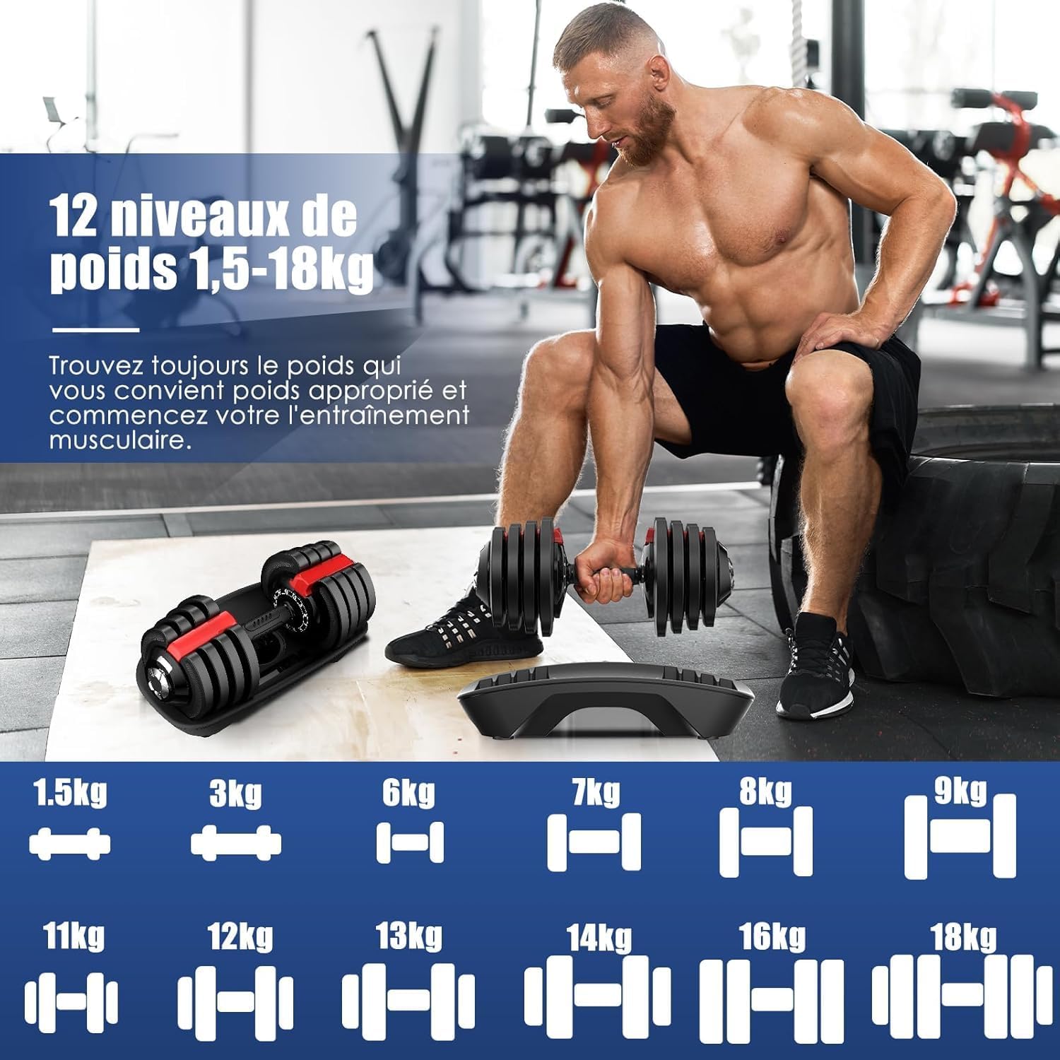 Thumbnail 1 de DH FitLife haltère réglable 1,5 à 18 kg avec base de rangement (set 12 niveaux)