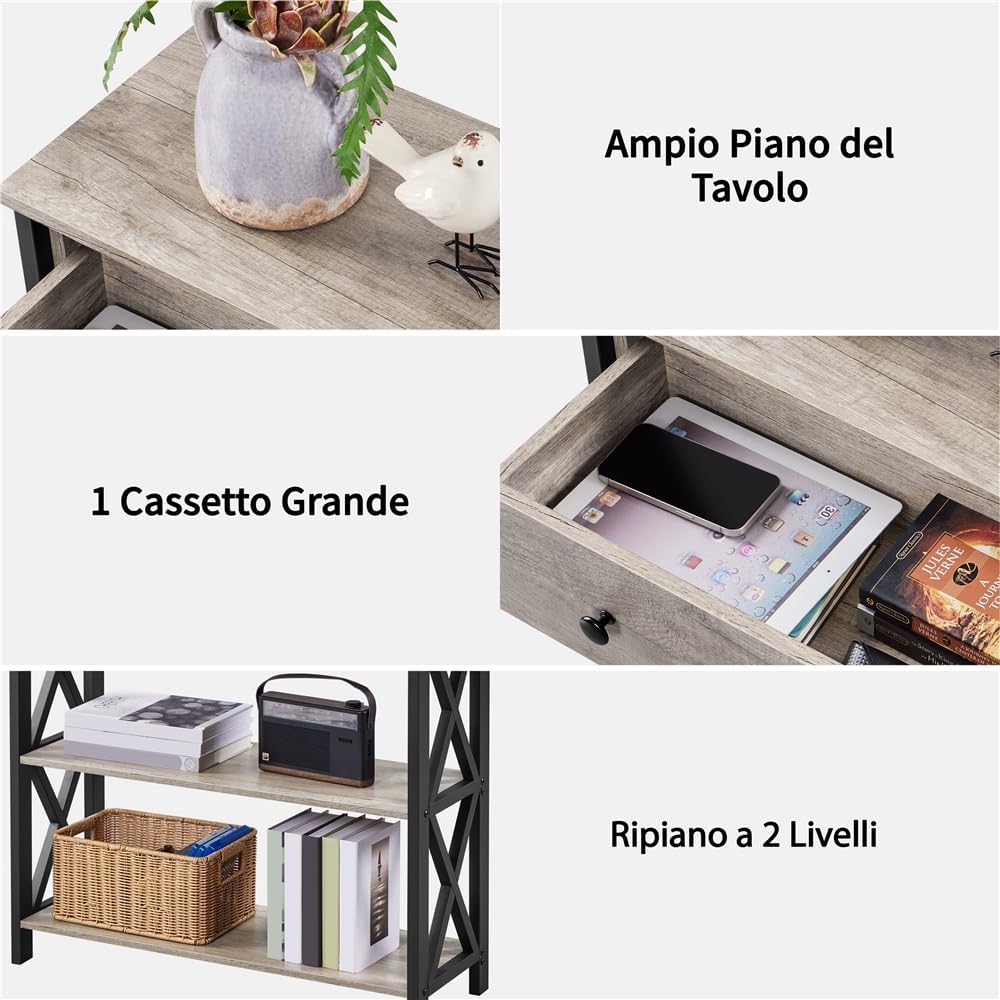 Thumbnail 4 de Yaheetech Tavolo Consolle Vintage Mobile in MDF e Ferro con Ripiani e Cassetti, grigio (30 x 80 x 80 cm)