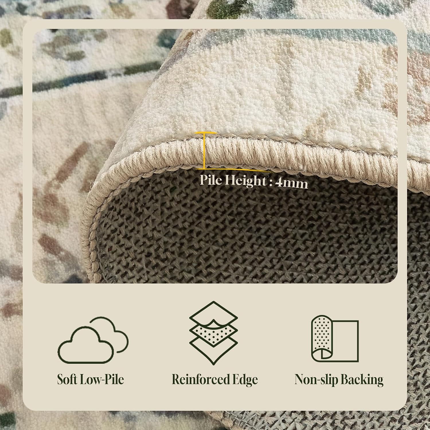Detalle de CHOSHOME Tapis Salon Antidérapant Lavable en Machine – 240x340 cm, Beige-Vert