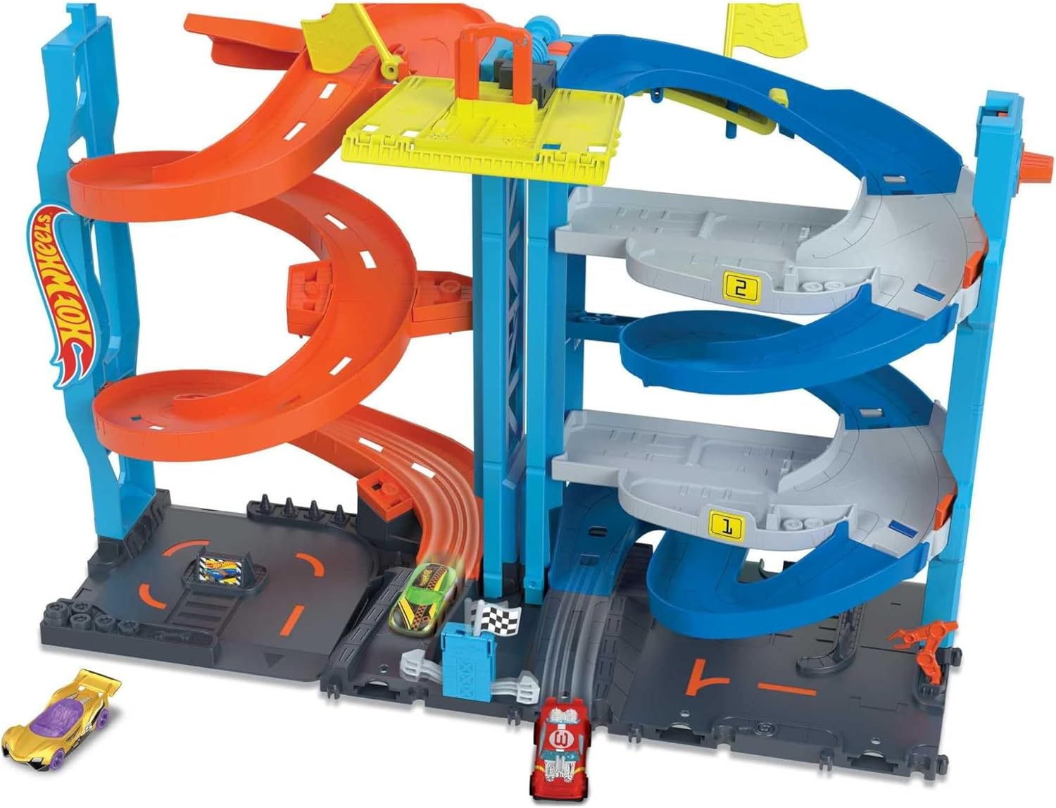 Detalle de Hot Wheels City Trackset 2-in-1 Rennturm mit 1 Hot Wheels Auto (HKX43) – Umwandlung von Einzelbahn zu zweispuriger Rennbahn