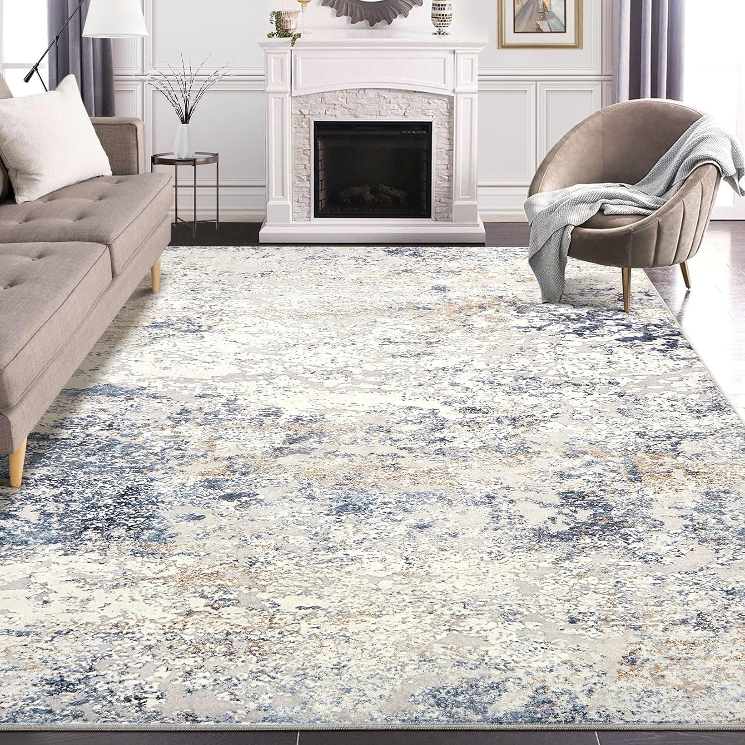 Thumbnail 1 de DMOYEST 8x10 Abstract Low Pile Area Rug (Neutral Beige Blue) — Soft, Washable Indoor Carpet