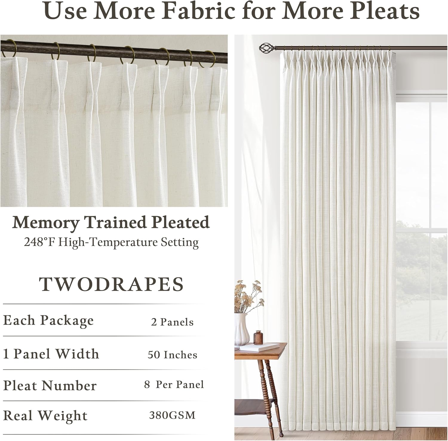 Detalle 2 de Pinch Pleated 90 Inch Linen Curtains (2 Panels Set) — Pinch Pleat Drapes for Track System, Light Filtering Semi Sheer