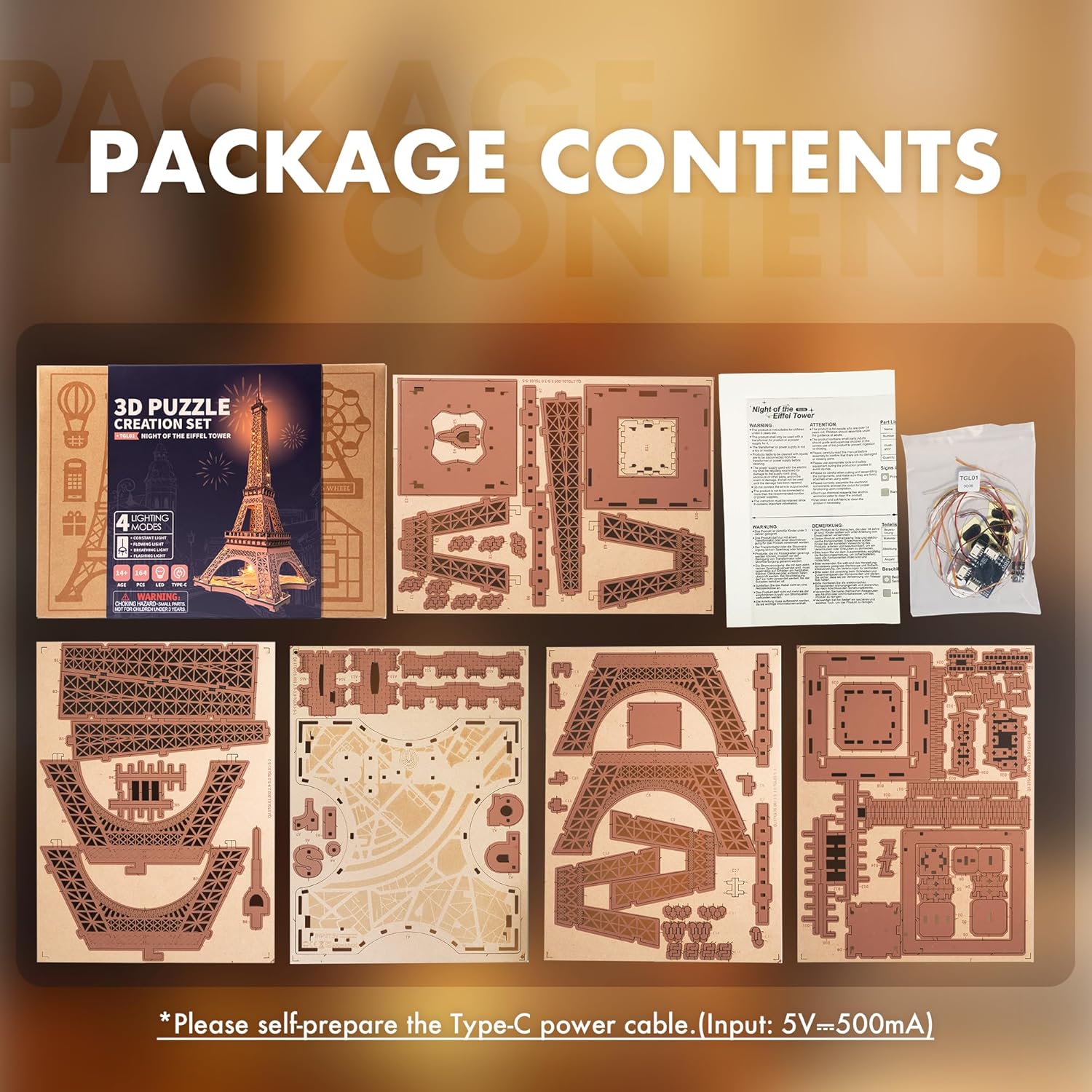 Detalle de Rolife 3D Puzzles Nuit de la Tour Eiffel – Kit en bois avec éclairage LED (TGL01)