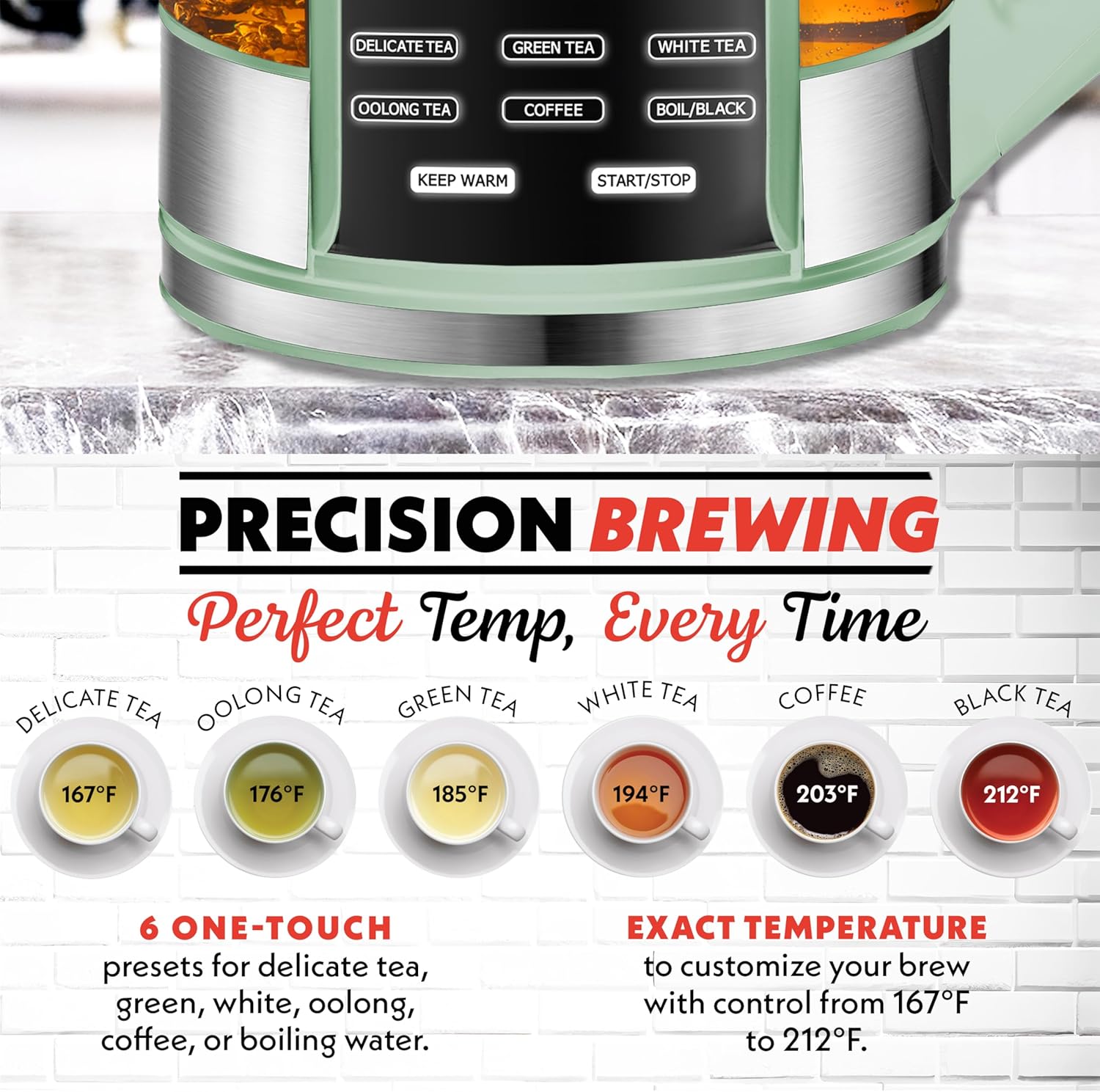 Detalle 2 de Gourmia Electric Glass Kettle (1.7L) with 6 Presets, Removable Stainless Infuser & Digital Touch Display (Green)