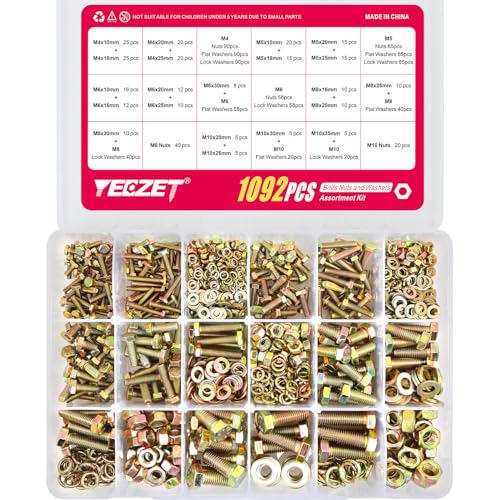 Detalle de Kit YEEZET de boulons et écrous hexagonaux 1092 pièces – 21 tailles M4–M10, finition zincée jaune, boîtier de rangement