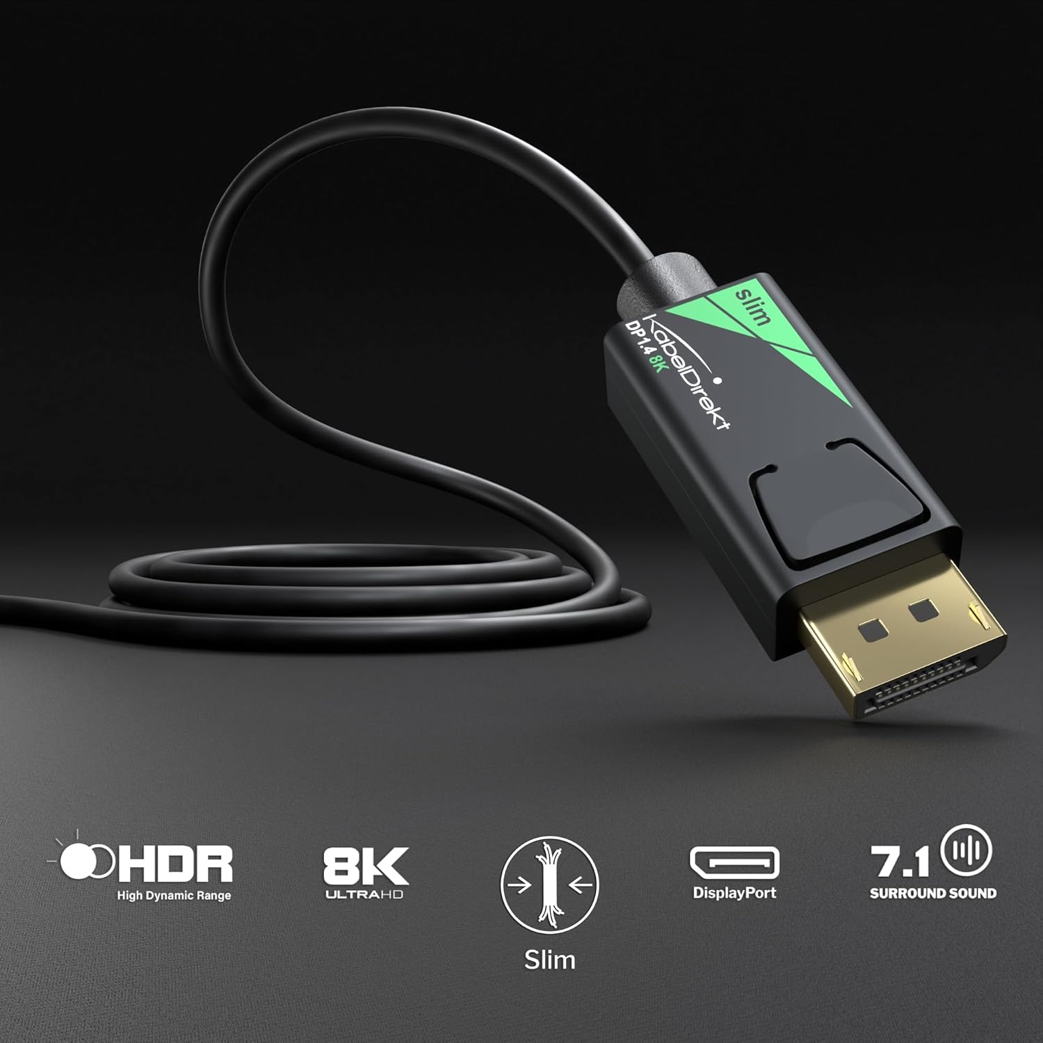 Thumbnail 1 de KabelDirekt DisplayPort 1.4 Kabel (DP 1.4) 8K/60Hz, Slim DP Kabel, 2 m – für Gaming-PCs & Laptops