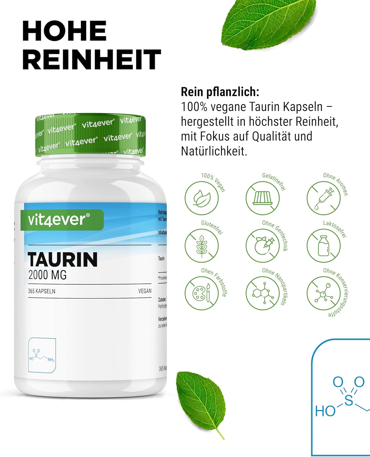 Detalle de vit4ever Taurin 365 Kapseln – 2000 mg Tagesdosis (2 Kapseln), vegan