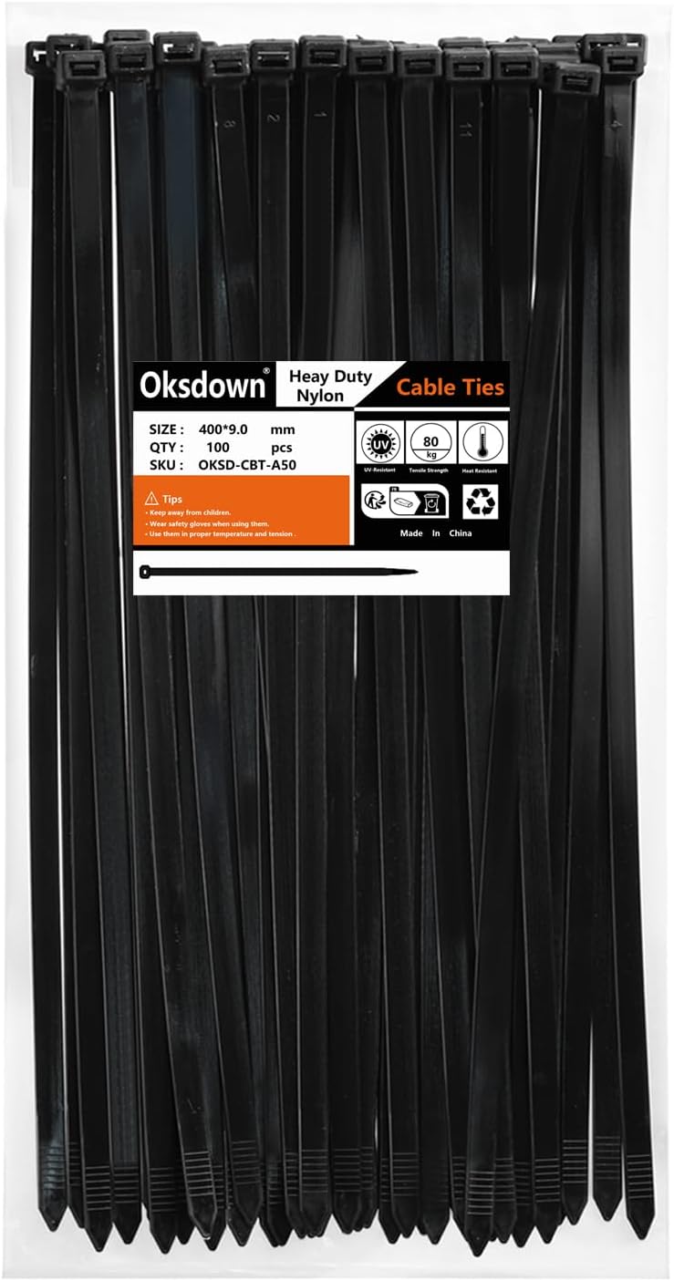 Thumbnail 4 de Oksdown 100 Pack Black Thick Cable Ties – 200mm × 7.6mm, Heavy Duty Nylon Self-Locking (55kg)